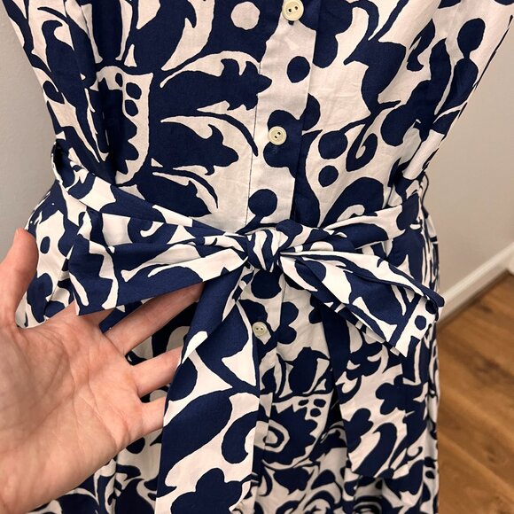 Talbots Poplin Fit & Flare Blue and White Tie Waist Dress - Jacobean 14P - Picture 11 of 16